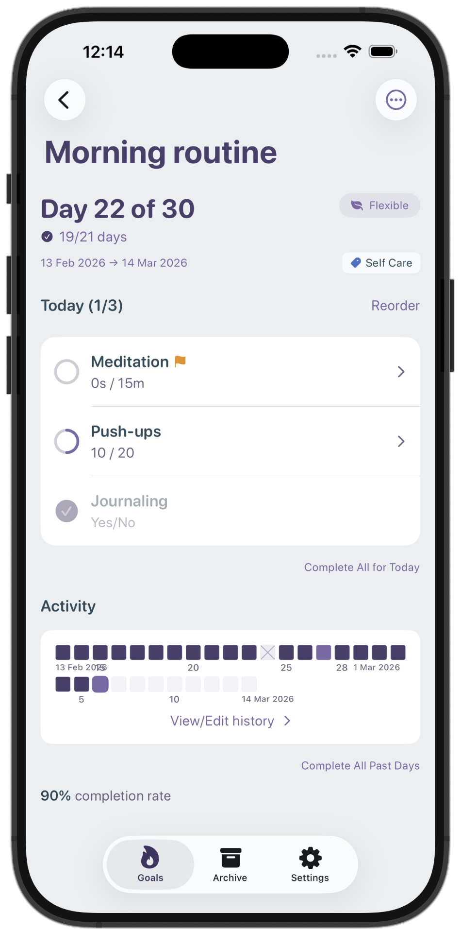 Goal detail view with contribution grid, activity chart, and 90% completion rate