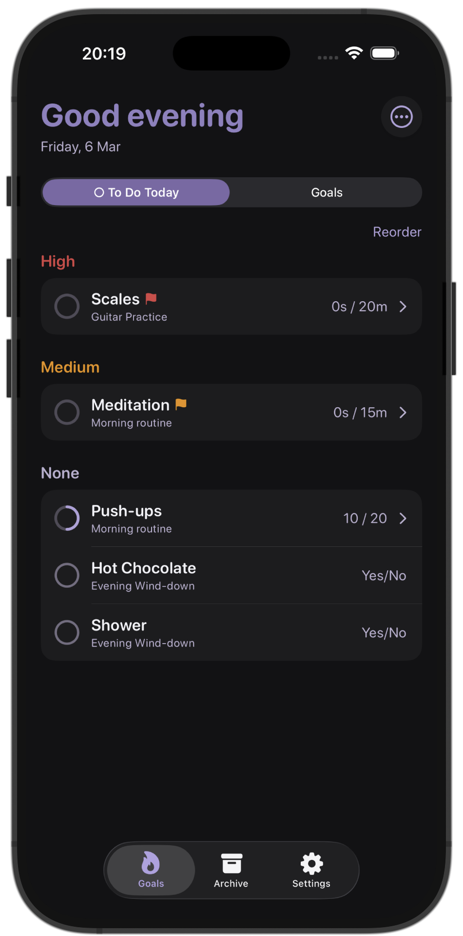 Daily task list in dark mode